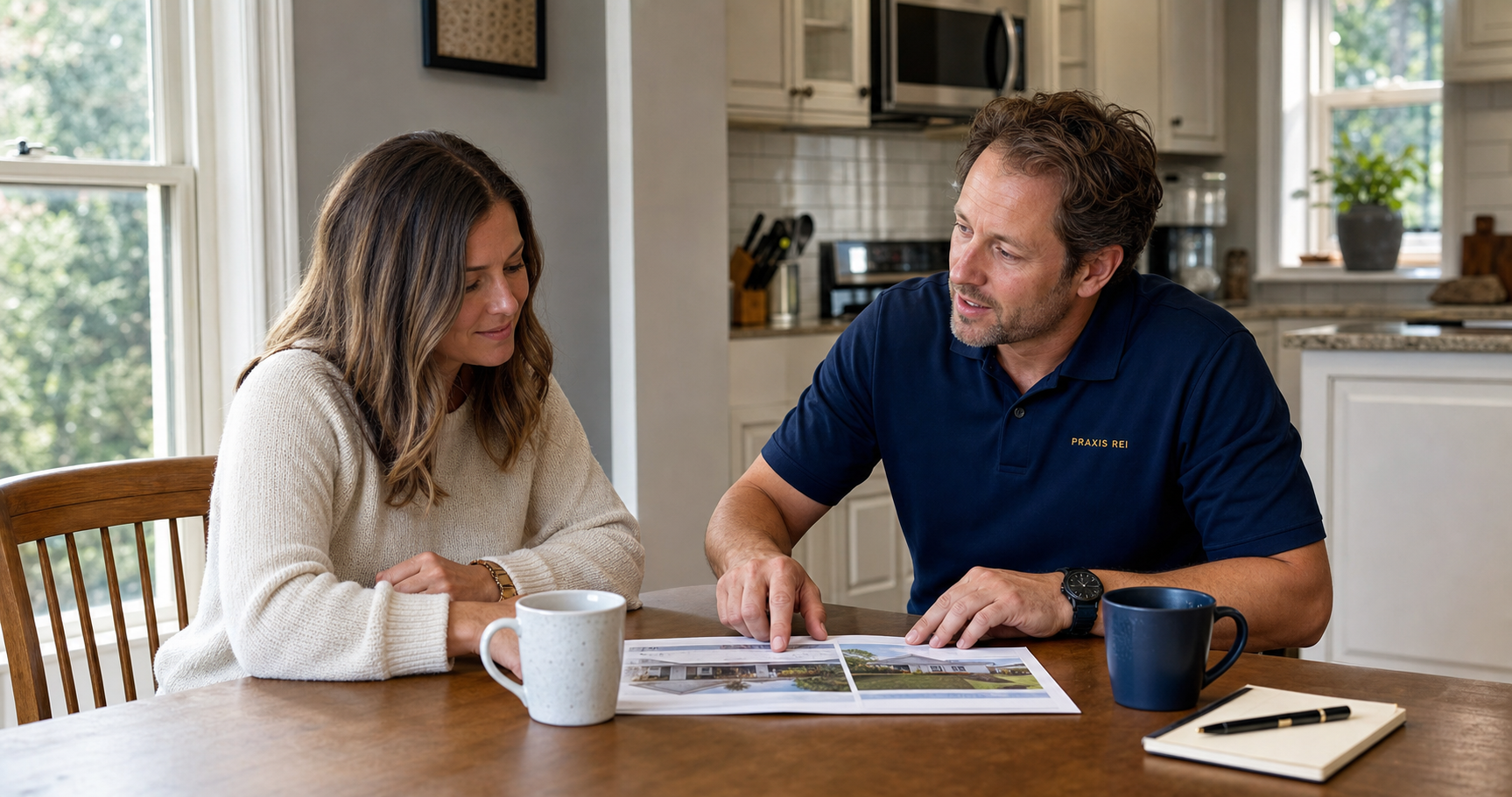 A property review conversation at a kitchen table